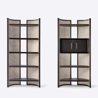 Distinguished Black Tie Itoku bookcase crafted in Italy with dark satin wood and woven cane detailing embodies architectural form
