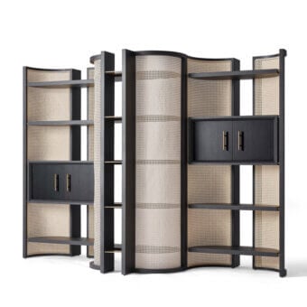 Exceptional Black Tie Itoku bookcase crafted in Italy with matte black wood and light beige woven textile accents