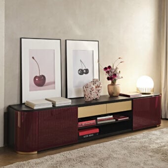 Distinguished Black Tie Kota TV stand with reddish-brown wood and black surface exhibiting a glossy textured finish