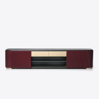 Superior Black Tie Kota TV stand crafted in Italy with dark wood, reddish-burgundy panels and a gold-toned drawer front in satin finish
