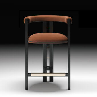 Distinguished Black Tie Kumiko stool with reddish-brown upholstery and matte dark wood built with kumiko joinery