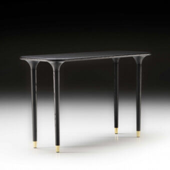 Captivating Black Tie Livia console crafted in Italy with dark-toned wood, gold-toned metal feet and a satin finish