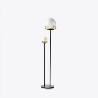 Captivating Black Tie Lucy floor lamp with luminous spheres crafted in matte black metal and opaque white shades with gold accents