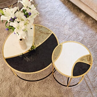 Exceptional Black Tie Nilo coffee table crafted with marble, back-lacquered glass, and mirrored surfaces in a polished golden metal base