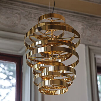 Elegant Black Tie Olimpia suspension lamp crafted in polished stainless steel with a rich gold tone finish