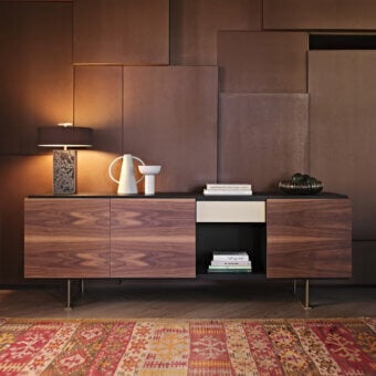 Superior Black Tie Sira sideboard crafted in Italy with dark brown wood and off-white panel, boasting a satin sheen and slender metal legs