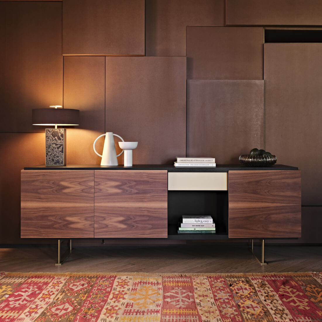 Superior Black Tie Sira sideboard crafted in Italy with dark brown wood and off-white panel, boasting a satin sheen and slender metal legs