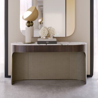 Distinguished Capital Clori console crafted with wood veneer and marble-like tabletop in muted taupe greige finish