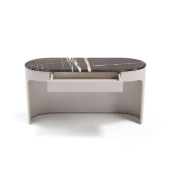 Superior Capital Clori console with marble displaying black and white veining accented with gold, crafted in light gray wood veneer with a lacquered finish