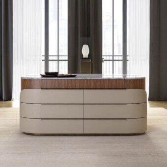 Exclusive Capital Clori dresser with light beige leather upholstery, warm wood veneer and dark gray marble top with lacquered finish