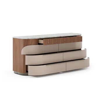 Distinguished Capital Clori dresser built with wood veneer and marble, showcasing beige upholstered leather fronts with a metallic plinth base