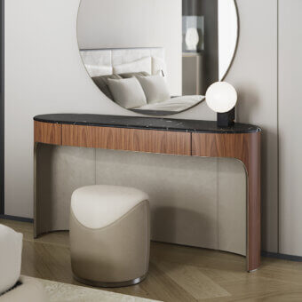 Distinguished Capital Clori vanity with warm brown wood veneer and striking dark marble, showcasing a refined, curved silhouette