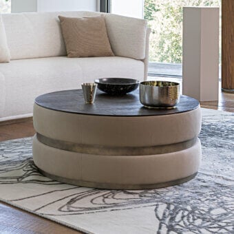 Distinctive Capital Cookie Coffee Table with dark-toned wood and light beige fabric upholstery in a glossy finish