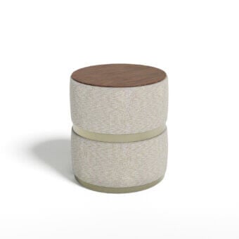 Exceptional Capital Cookie side table with cylindrical base wrapped in beige fabric and glossy dark brown wooden top