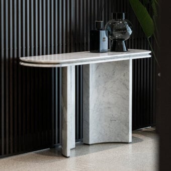 Exceptional Capital Ercole console sculpted from pure white marble with striking gray veining and polished finish