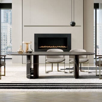 Exceptional Capital Ercole table crafted in dark marble with glossy polished finish and curved base