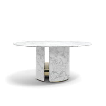 Harmonious Capital Ercole table built in polished white marble with subtle gray and beige veining and recessed metallic detail