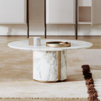 Exceptional Capital Ercolino coffee table in polished white marble with subtle grey veining and gold-toned metal accents