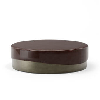 Exceptional Capital Merian coffee table crafted with a high-gloss dark reddish-brown lacquered surface and brushed muted green-grey metallic base