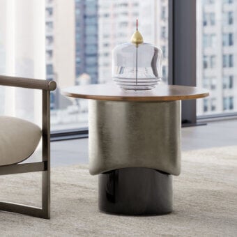 Exceptional Capital Merian glass side table with bronzed fused glass top and sophisticated metallic finish