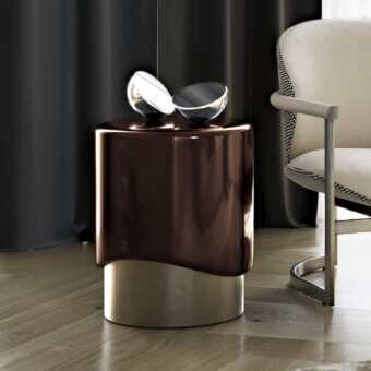 Distinguished Capital Merian side table with reddish-brown lacquered surface and satin metallic-finish base crafted in Italy