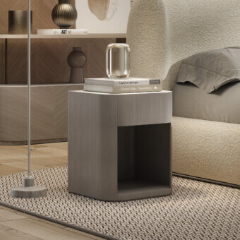 Distinguished Carpanelli Alma nightstand with warm walnut wood construction and refined travertine marble top