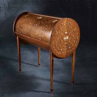Distinguished Carpanelli Arts Desk crafted in black walnut with precious wood inlays and mother-of-pearl accents