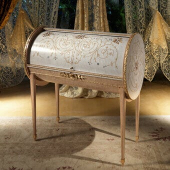 Exquisite Carpanelli Arts desk crafted with solid wood, birdseye maple inlays, creamy white finish, mother-of-pearl details and sculpted gold leaf accents