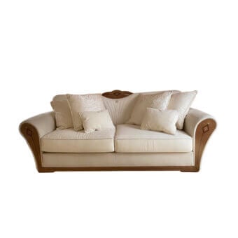 Exquisite Carpanelli Charme sofa upholstered in creamy off-white textile with richly detailed wood and delicate mother-of-pearl inlays