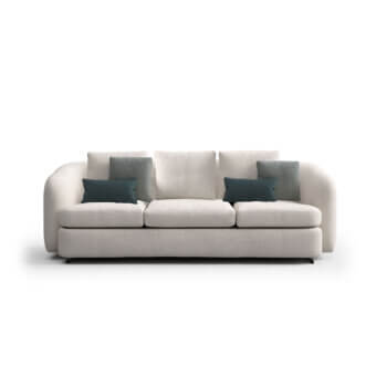 Superior Carpanelli Grantour sofa with textured textile upholstery in refined off-white and teal-blue accent cushions