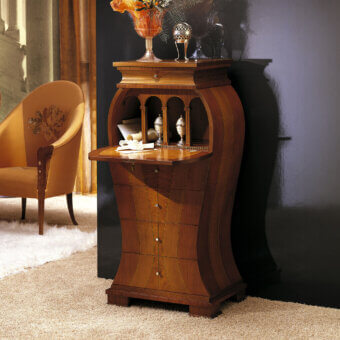 Distinguished Carpanelli Iris chest crafted from cherrywood, zebrano wood, and briar with luminous mother-of-pearl inlay and glossy finish