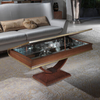 Distinguished Carpanelli Libro coffee table built in dark brown briarwood and rosewood with gold inlays and a glossy finish