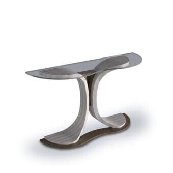 Distinguished Carpanelli Mistral console crafted with fine wood and muted silver-grey metallic structure in satin finish with transparent glass top