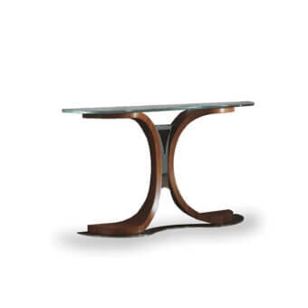 Distinguished Carpanelli Mistral console crafted with reddish-brown wood and transparent glass, exhibiting a satin finish