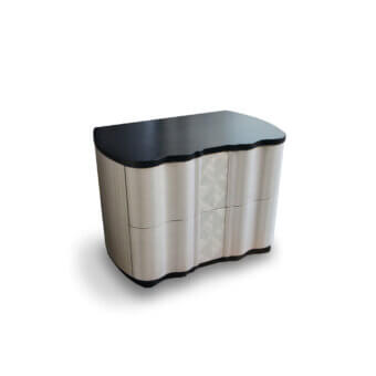 Distinguished Carpanelli Mistral nightstand crafted in wood with a neutral beige finish and glossy dark gray tabletop featuring subtle indentations