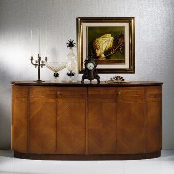 Refined Carpanelli Neoclassica sideboard crafted in walnut, briar, and mahogany woods with a warm brown satin finish