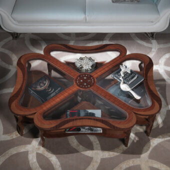 Distinguished Carpanelli Quadrifoglio coffee table with rosewood and oak, hand-set shell inserts, plus beveled glass tabletop in satin finish