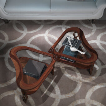 Exceptional Carpanelli Quadrifoglio coffee table crafted in rosewood and oak with hand-set shell, beveled glass, glossy reddish-brown finish