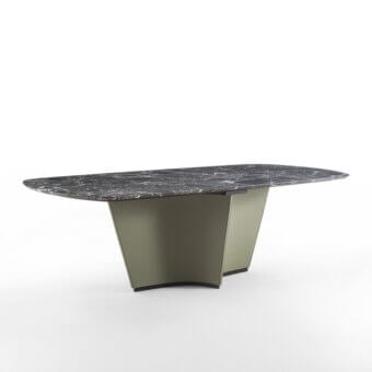 Exceptional Carpanelli Sail table with dark grey marble tabletop and satin olive-green leather upholstery