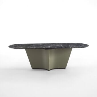 Distinguished Carpanelli Sail table with dark veined marble tabletop and sculpted olive-green leather upholstery