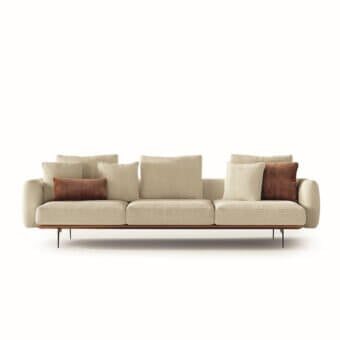 Distinguished Carpanelli Sirio sofa with light beige woven fabric and reddish-brown cushions, built with a leather base and metallic legs