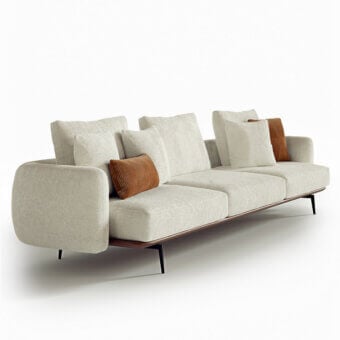 Exceptional Carpanelli Sirio sofa with textured off-white textile and warm brown accent cushions crafted with a satin finish wood frame