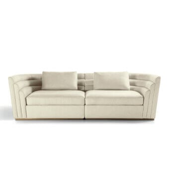 Distinguished Carpanelli Theater sofa with neutral beige textured fabric and satin-finish metal base crafted for lasting comfort