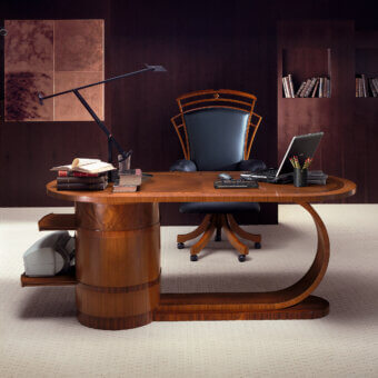 Distinguished Carpanelli Zebrano desk crafted in warm brown wood with fine veneers and a glossy finish integrating drawers and shelves