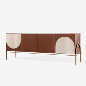 Exceptional Carpanese Home Alma L sideboard crafted in wood with warm brown lacquer and oval marble inlays supported by brass-toned metal legs