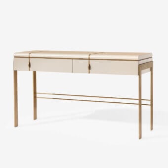 Distinguished Carpanese Home Althea C console crafted with light tabletop and satin brass metal frame, featuring econabuk-lined drawers