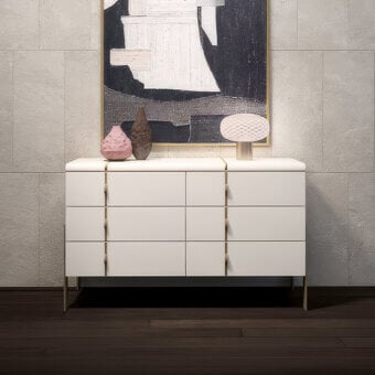 Distinguished Carpanese Home Althea D dresser in soft off-white coated wood with satin brass integrated handles and econabuk lining