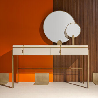 Superior Carpanese Home Althea V vanity crafted in wood with matte off-white finish and satin brass detailing with econabuk storage