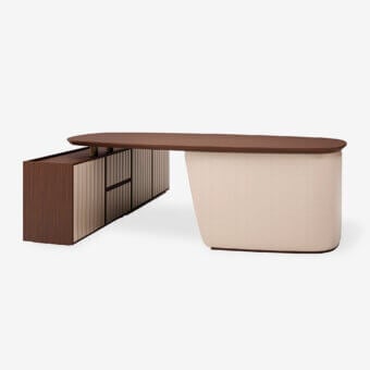 Distinguished Carpanese Home Arthur desk with a medium-toned brown wood tabletop and soft light beige leather upholstery in satin sheen