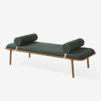 Exceptional Carpanese Home Belts bench with warm brown wood and dark green woven textile straps offering comfortable support